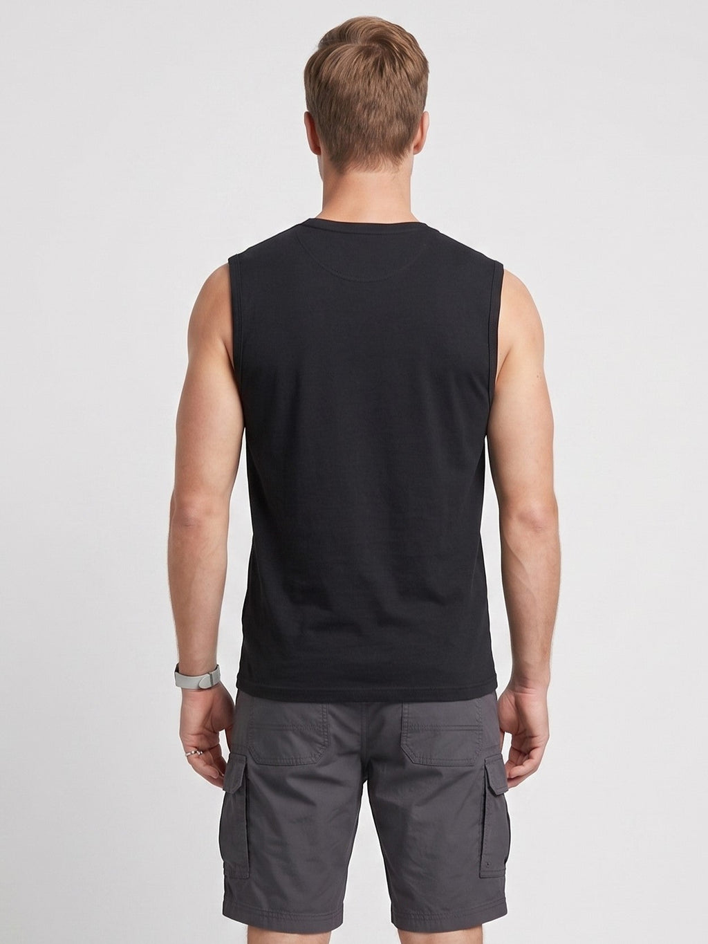 Men's rib muscle tank in black, back view