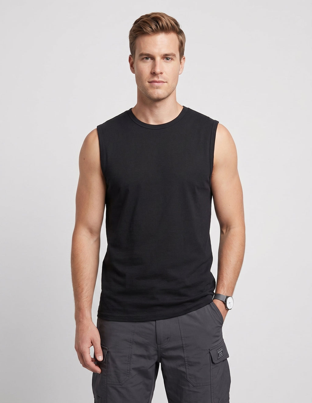 Men's rib muscle tank in black, front view
