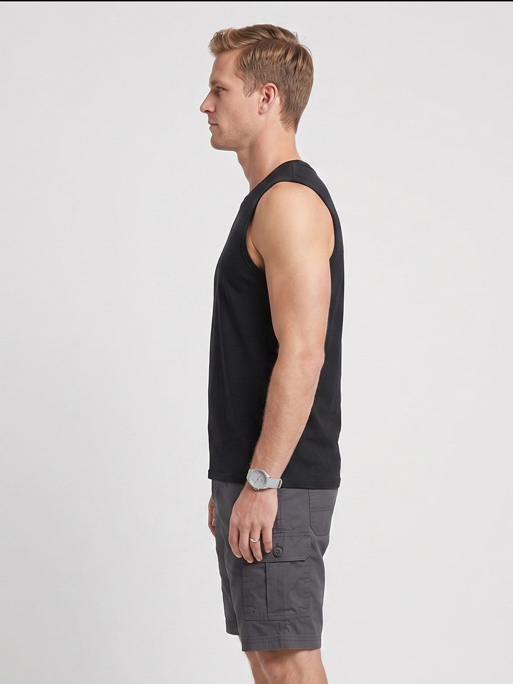 Men's rib muscle tank in black, side view