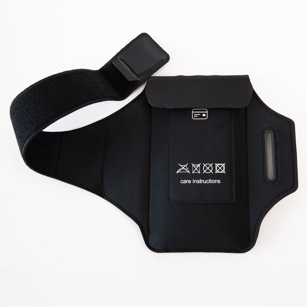 SYB arm band phone pouch, back view on white background
