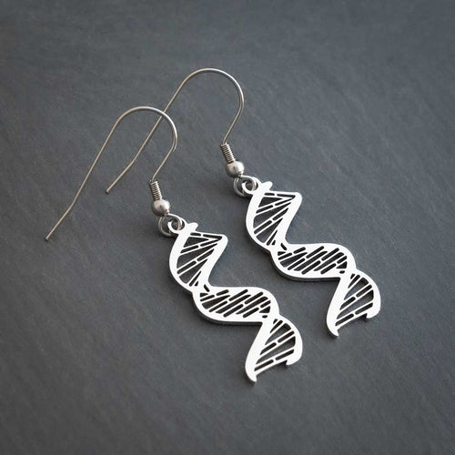 DNA earrings in silver, close-up detail