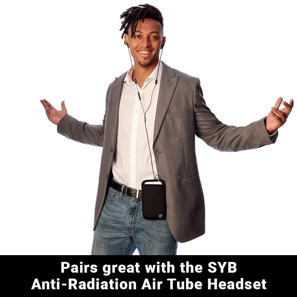 Model listening to phone while wearing SYB phone pouch