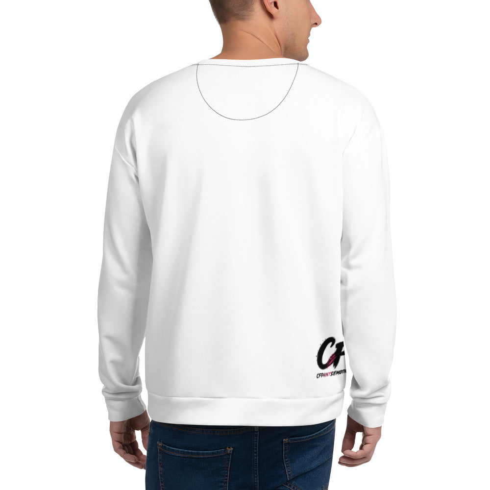 All-over print unisex sweatshirt in white, close-up back view