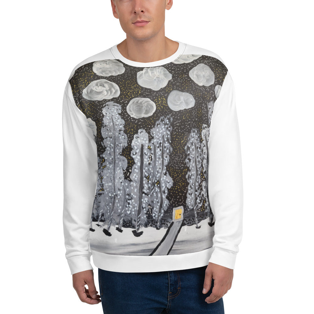 All-over print unisex sweatshirt in white, close-up front view