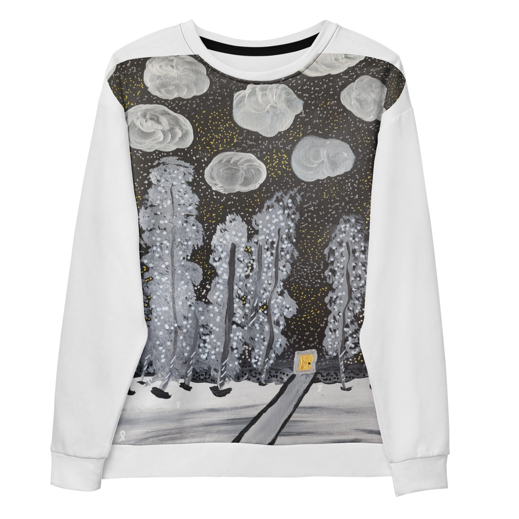 All-over print unisex sweatshirt in white, front view