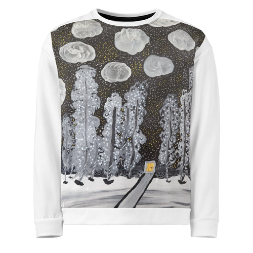 All-over print unisex sweatshirt in white, alternate front view