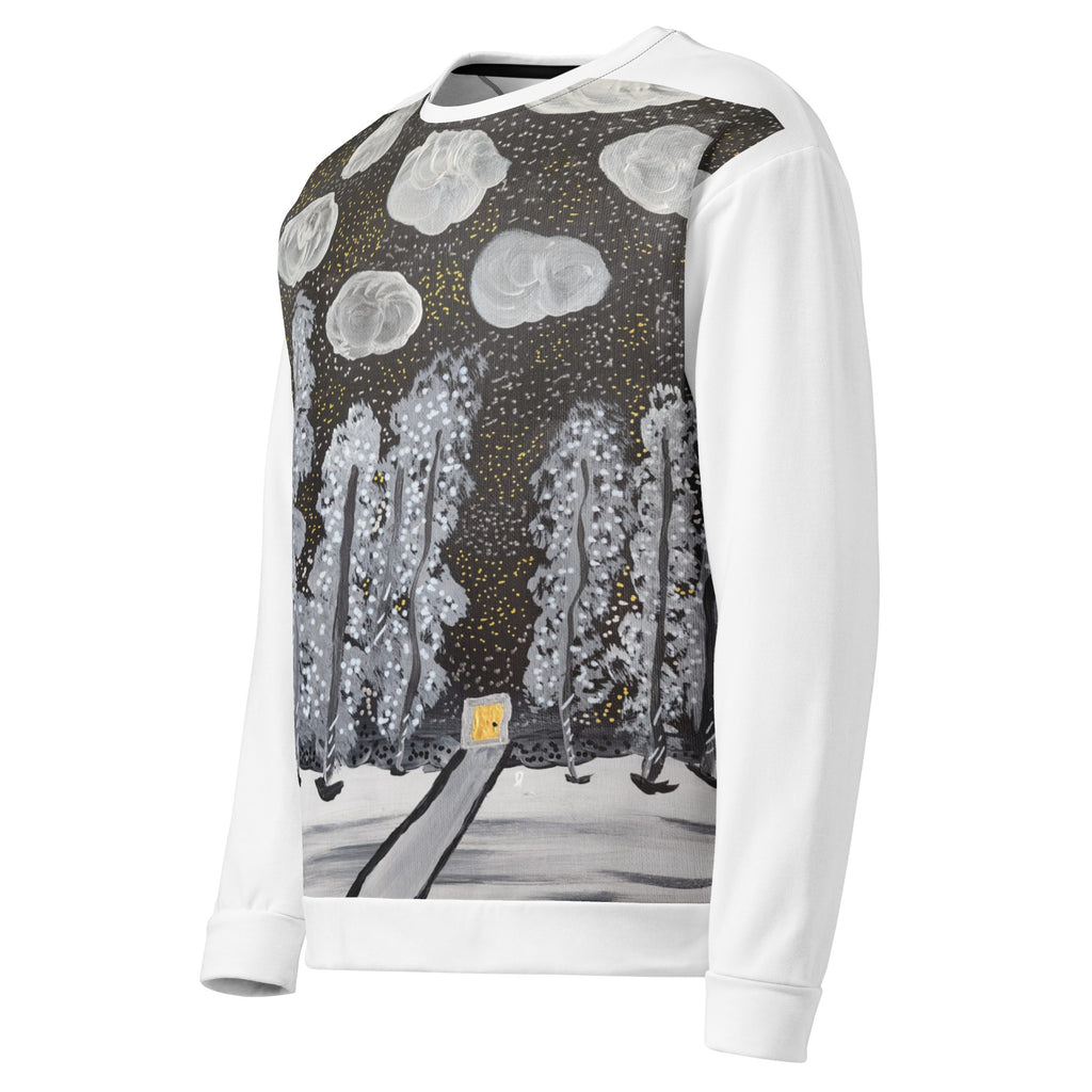 All-over print unisex sweatshirt in white, left front angle