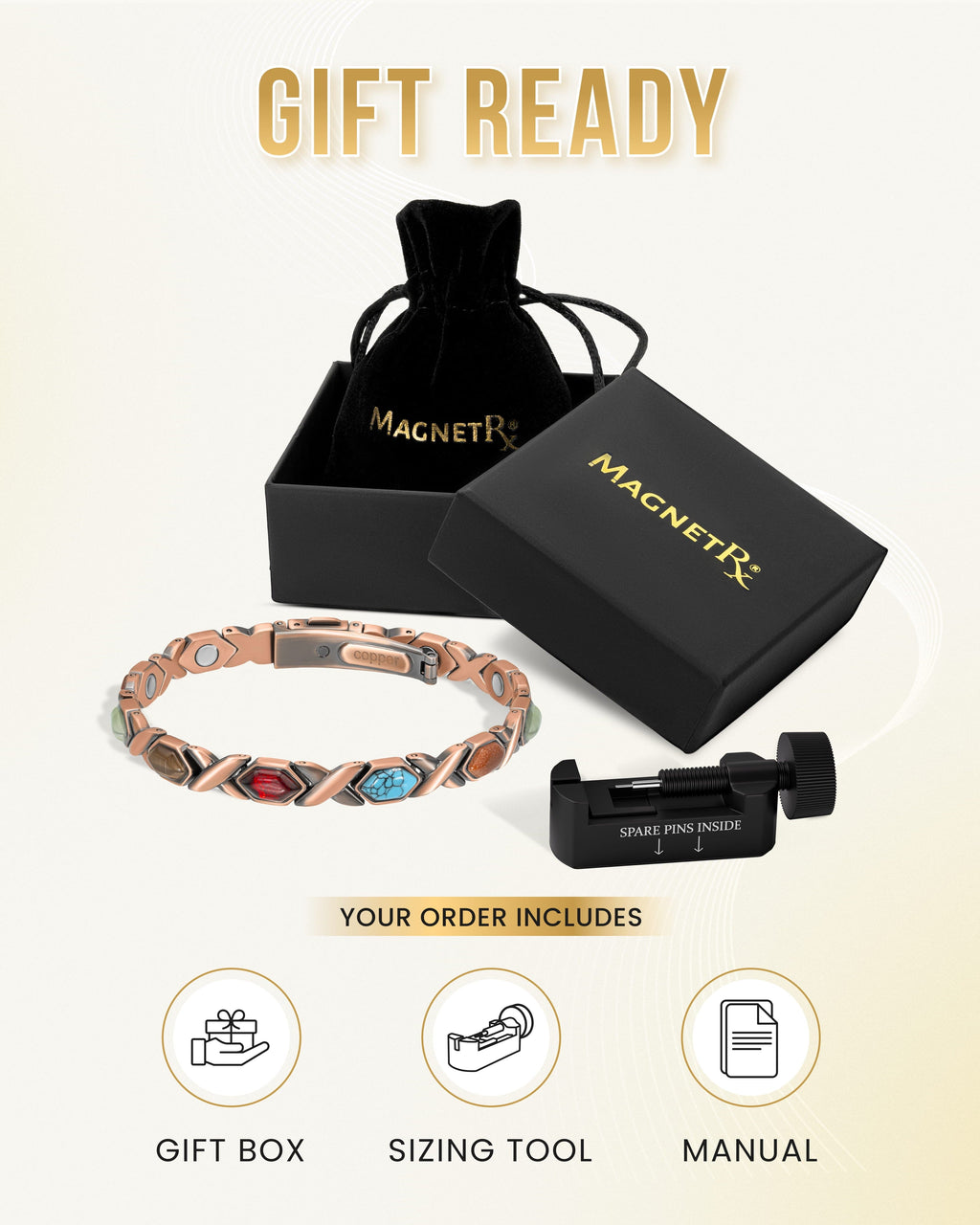 Women's copper magnetic bracelet with mixed stones, packaging view