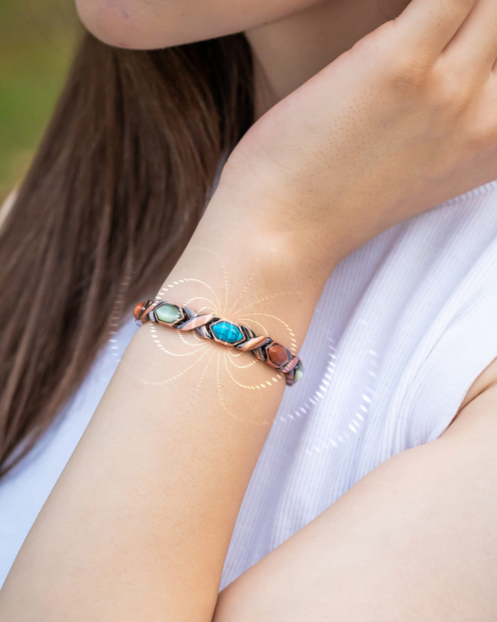 Women's copper magnetic bracelet with mixed stones, additional angle
