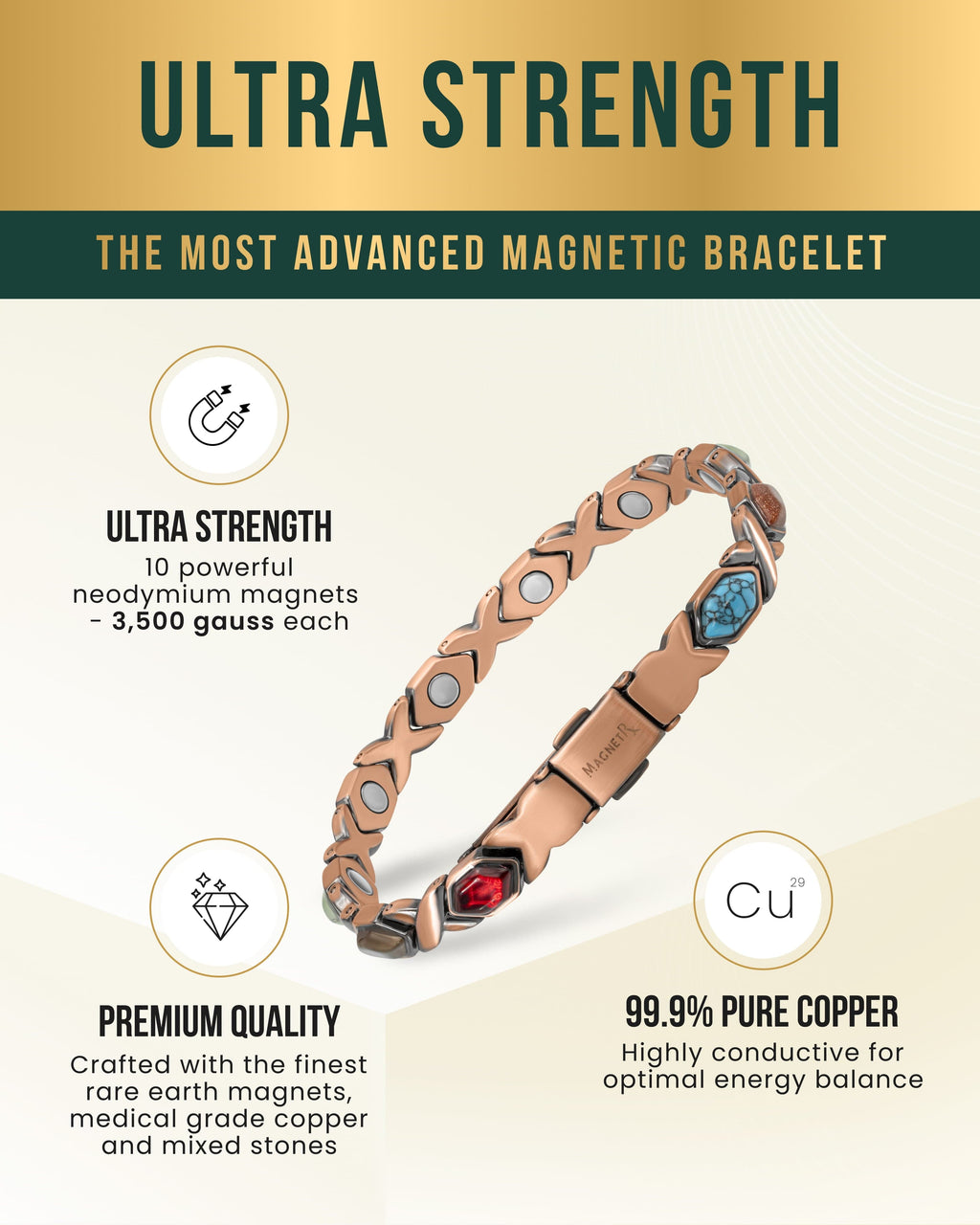 Women's copper magnetic bracelet with mixed stones, alternate angle