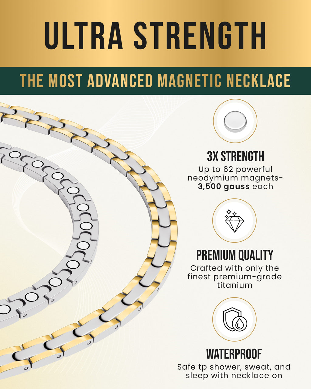 Titanium magnetic therapy necklace in silver and gold, clasp detail