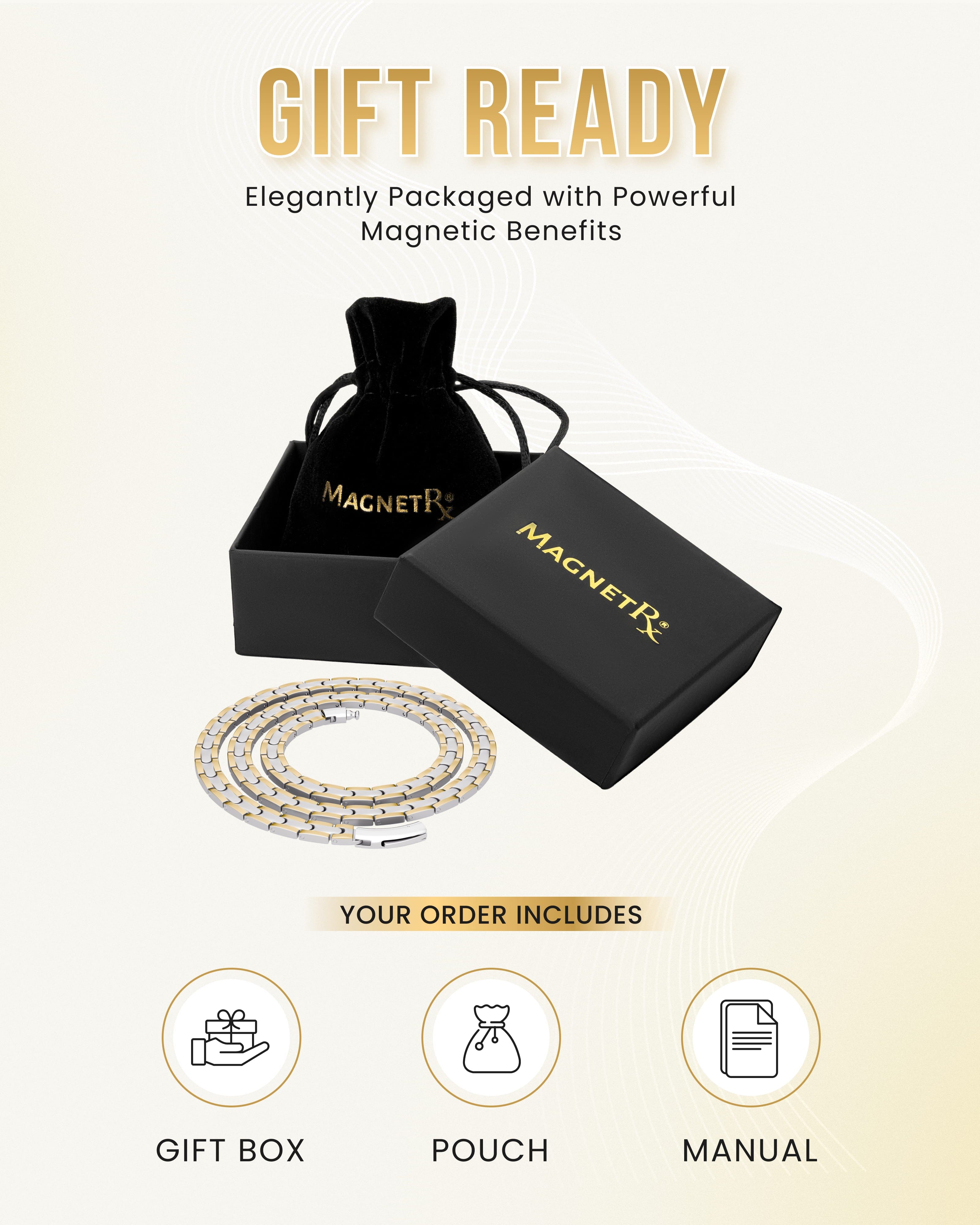 Titanium magnetic therapy necklace in silver and gold, lifestyle shot