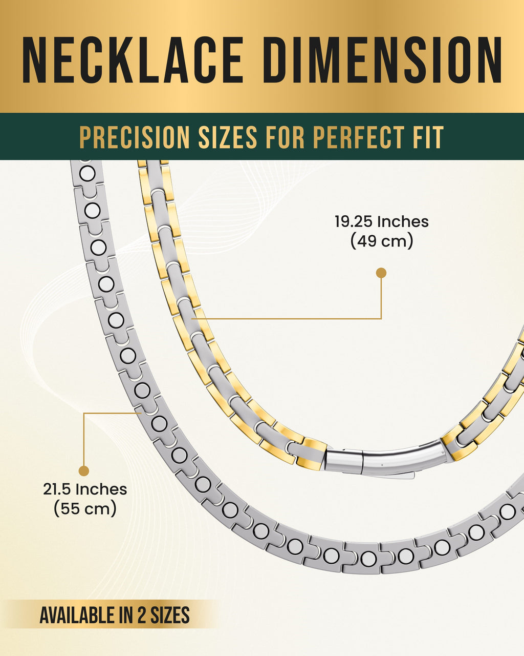 Titanium magnetic therapy necklace in silver and gold, alternate angle