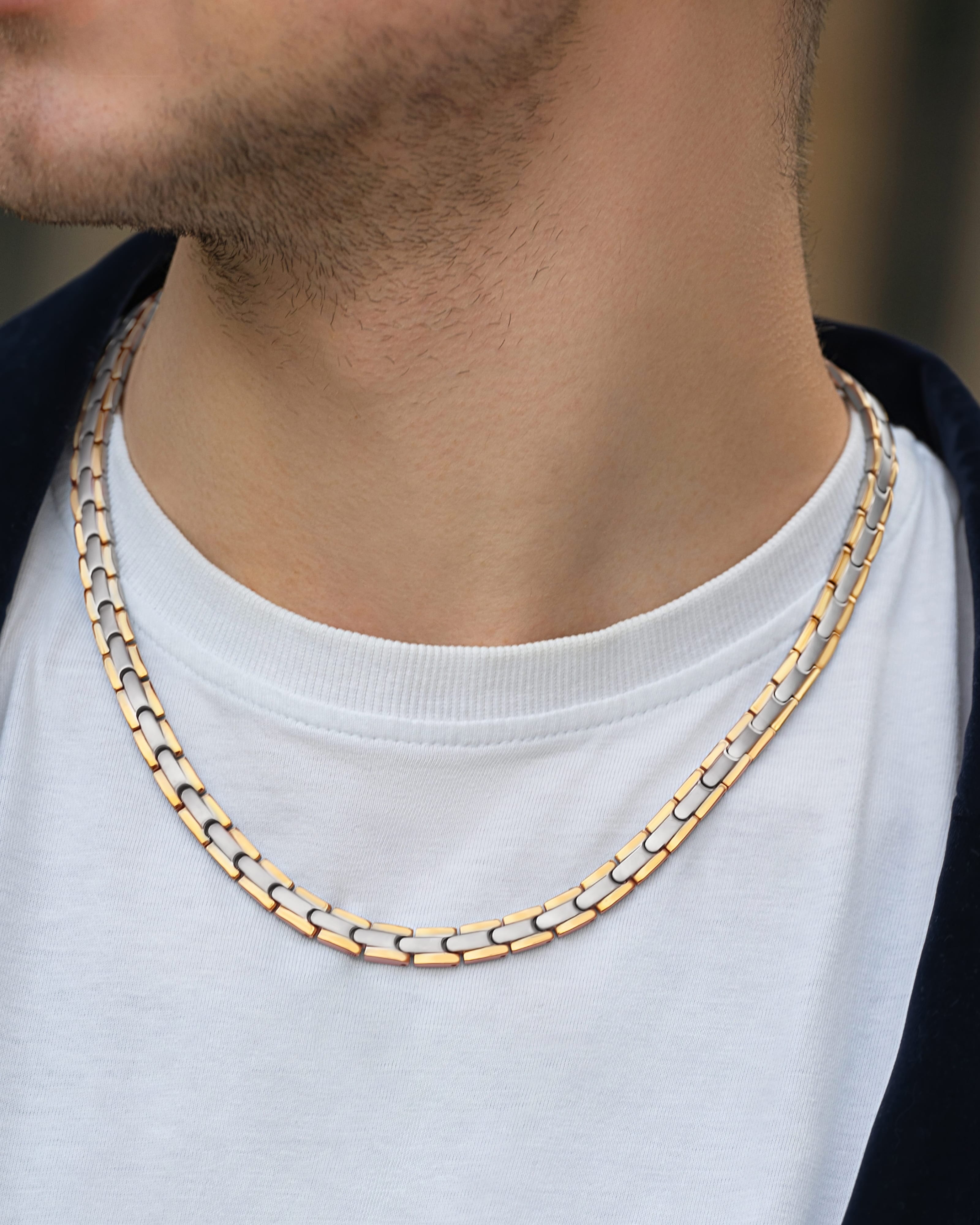 Titanium magnetic therapy necklace in silver and gold, additional angle
