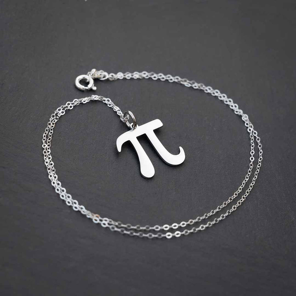 Pi necklace in silver, worn on model