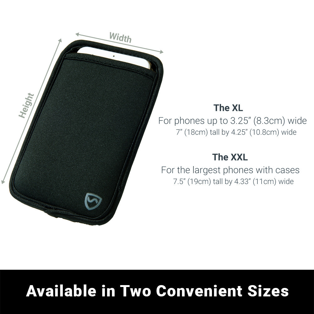 SYB phone pouch in black, size comparison