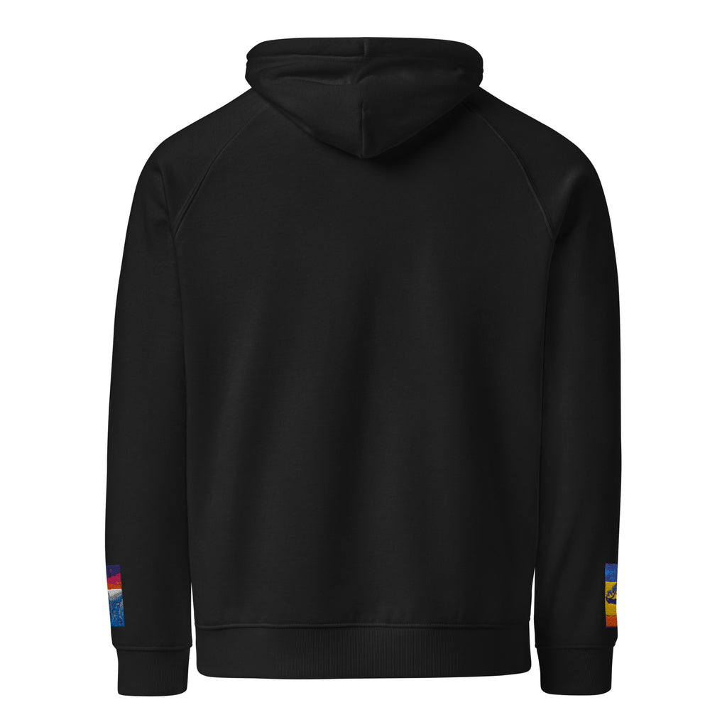 Unisex eco raglan hoodie in black, back view