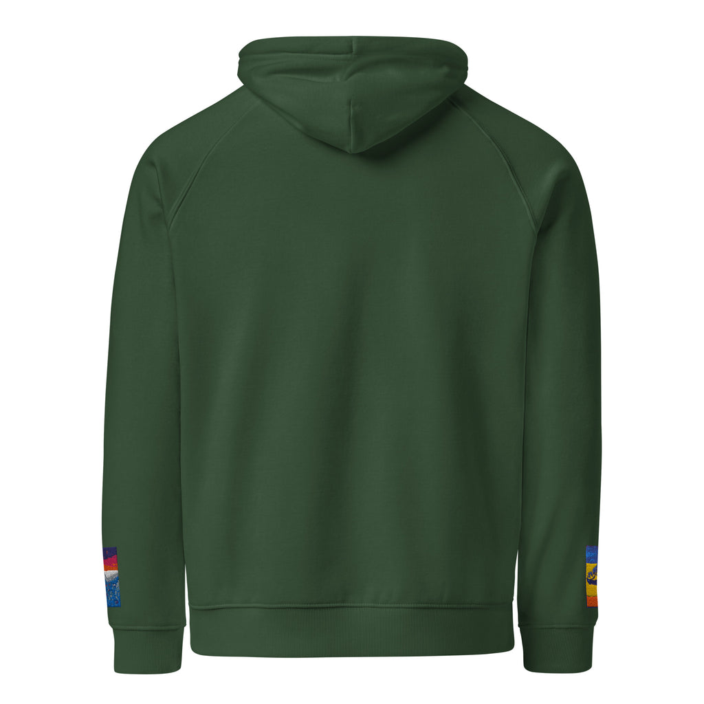 Unisex eco raglan hoodie in bottle green, back view