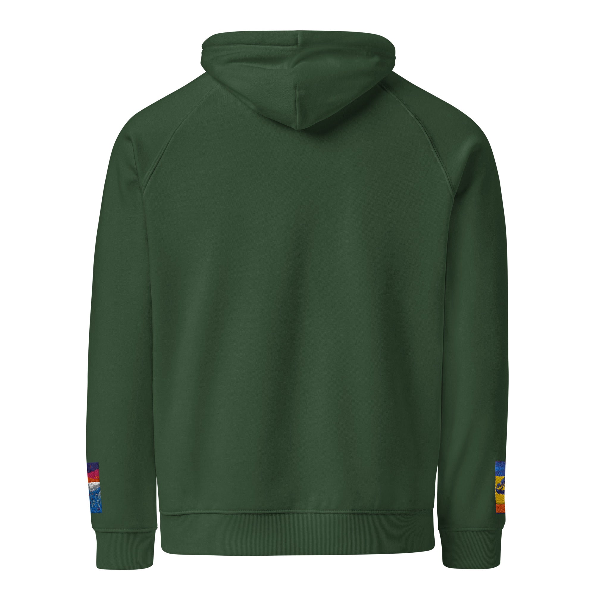 Unisex eco raglan hoodie in bottle green, back view
