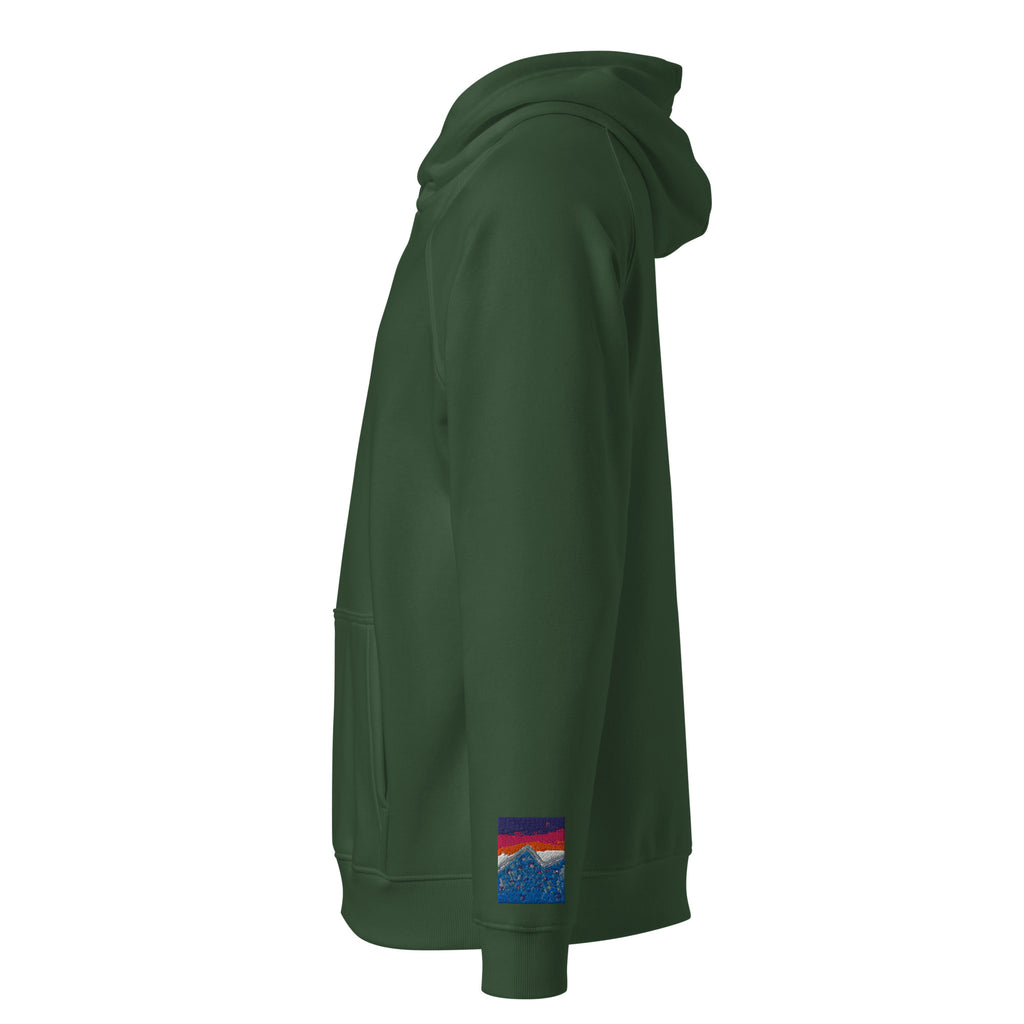 Unisex eco raglan hoodie in bottle green, left side view
