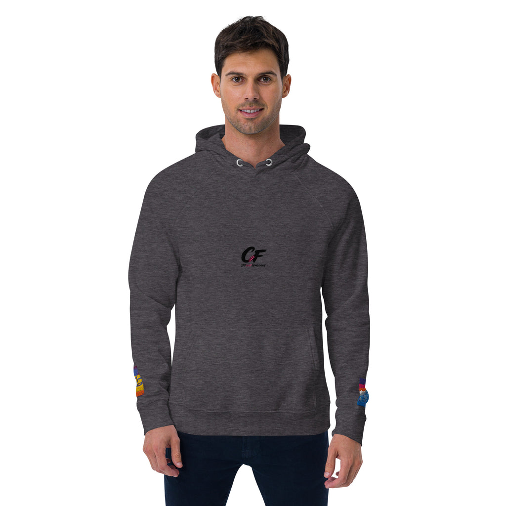 Unisex eco raglan hoodie in charcoal melange, front view