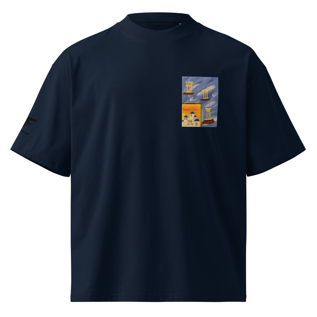 Organic oversized high-neck t-shirt in French navy, front view