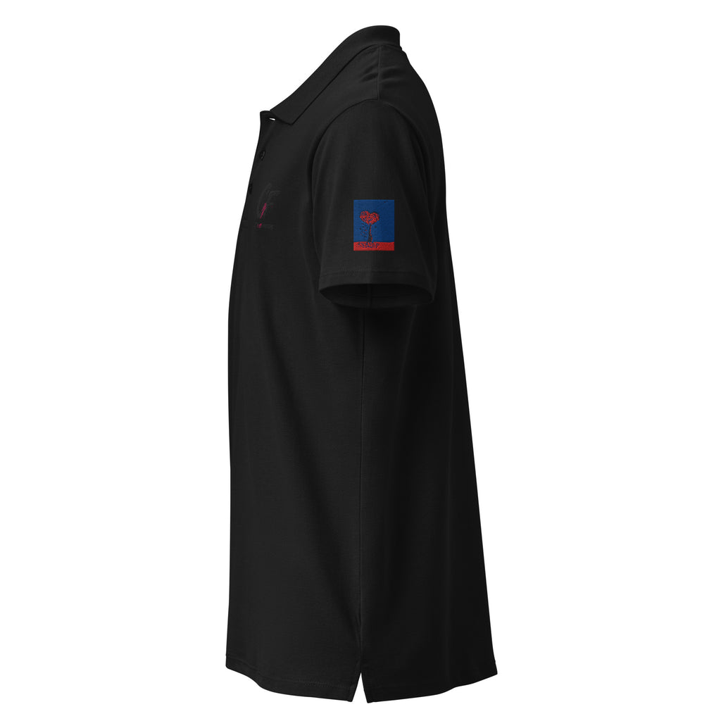 Premium pique polo shirt in black, left side view
