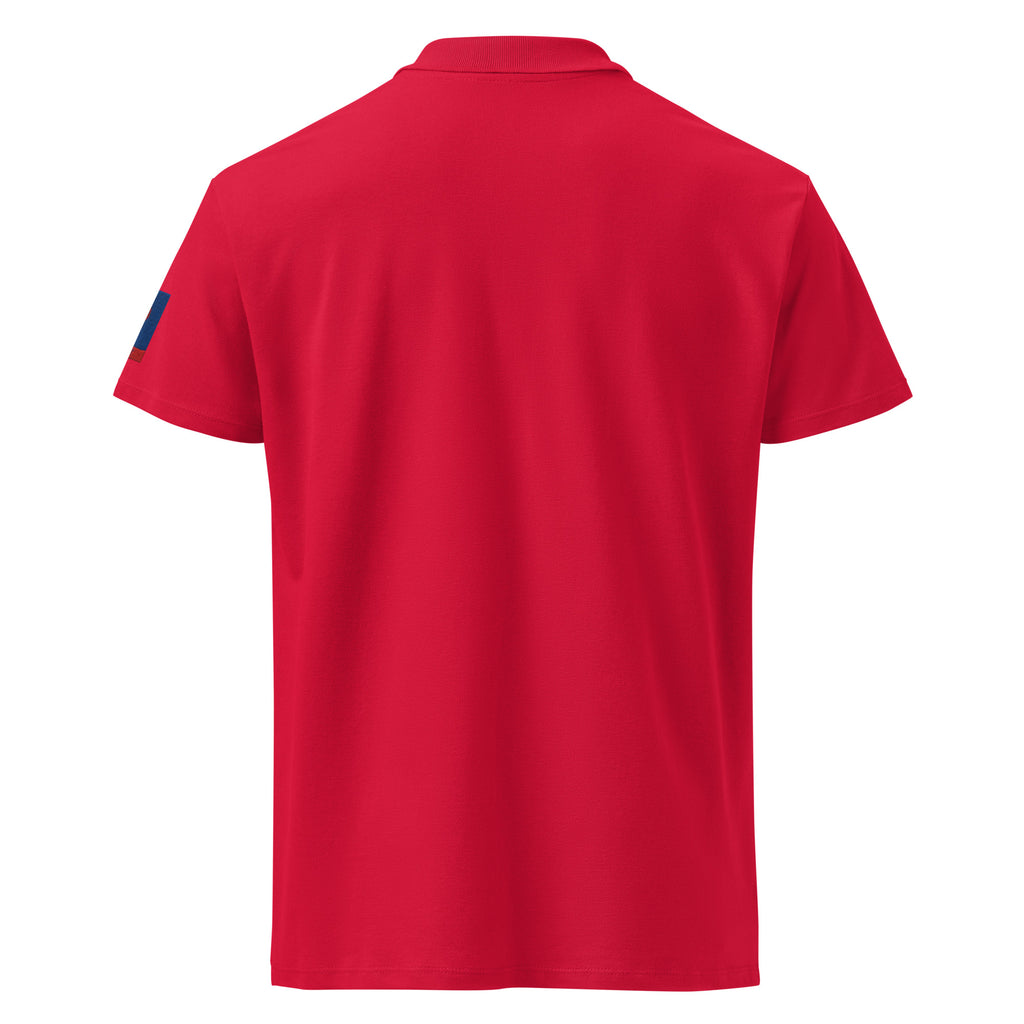 Premium pique polo shirt in red, back view