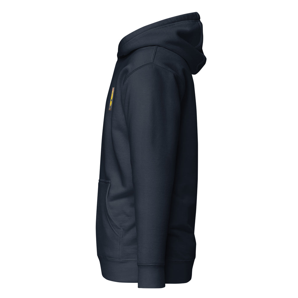 Unisex streetwear pullover hoodie in navy blazer, left side view