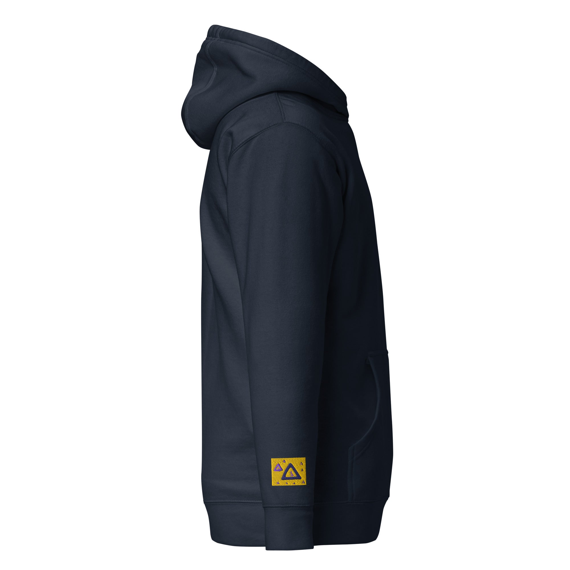 Unisex streetwear pullover hoodie in navy blazer, right side view