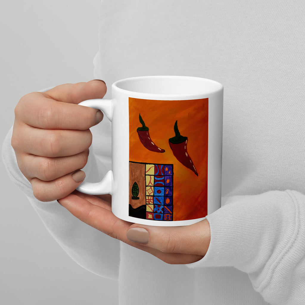 White glossy coffee mug, 11 oz with handle on left