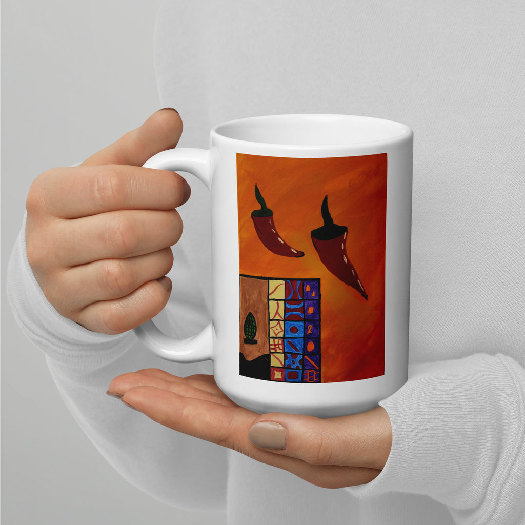 White glossy coffee mug, 15 oz with handle on left